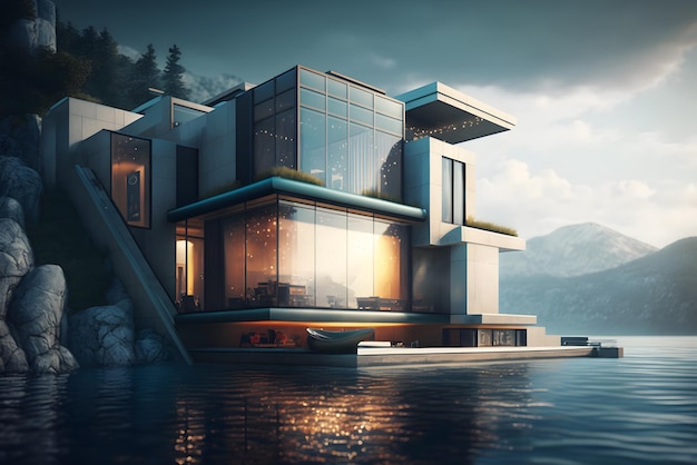 Luxury villa by water in evening exterior of modern home at river or lake generative AI