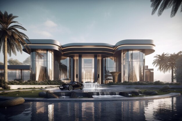 Premium AI Image A Luxury Villa With A Car In Front Of It premium-ai-image-a-luxury-villa-with-a-car-in-front-of-it