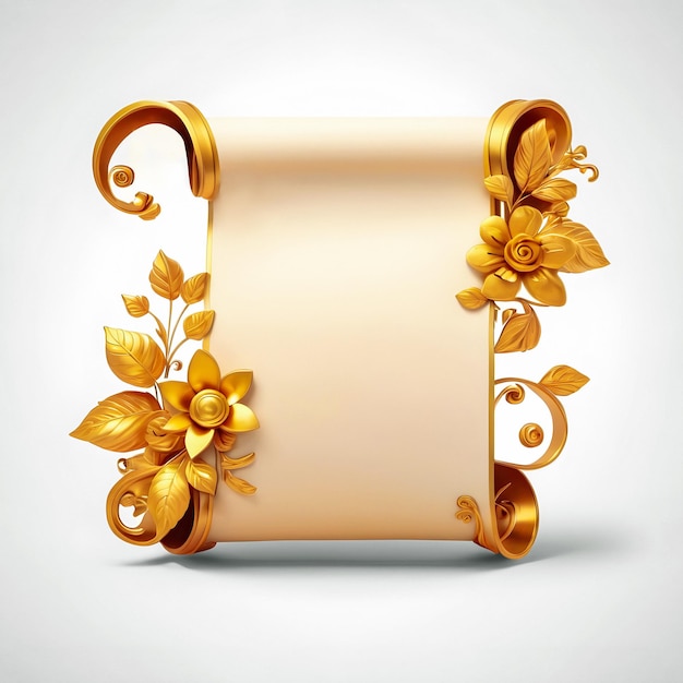 Luxury Vintage 3D Scroll Banner with Golden Flowers on White Background