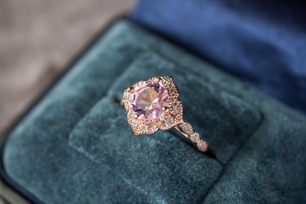 Luxury vintage pink diamond ring in jewelry gift box