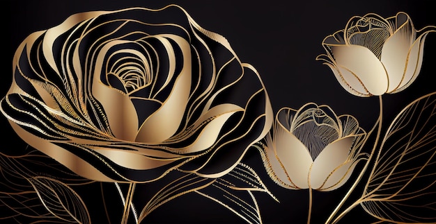 Luxury VIP luxury background with golden lines of artistic flowers and botanical leaves AI generated image