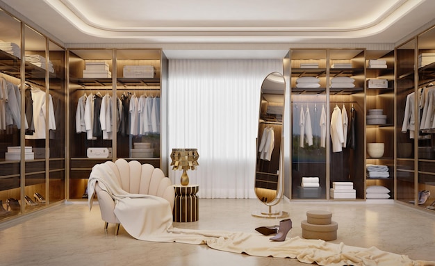 Photo luxury walk in closet interior with armchair and mirror 3d rendering