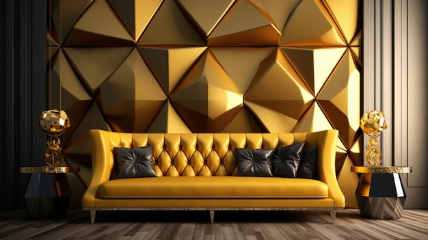 роскошная стена с серым диваном и золотой стеной за ним 3D