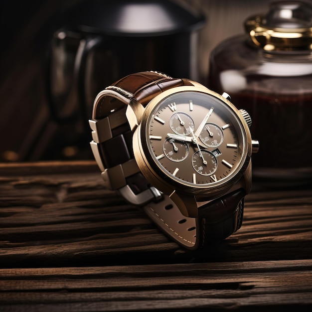 a luxury watch on a dark wooden table the craftsmanship and detail of the watch visible