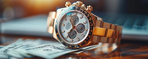 Photo luxury watch purchase with cash credit background