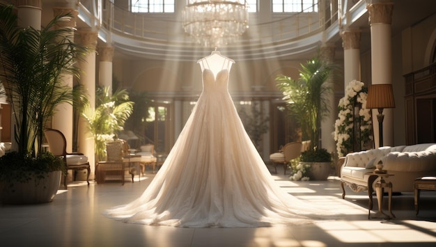 Photo luxury wedding dress a captivating blend of elegance and beauty in an exquisite interior photography session for brides to be creating timeless memories of their special day