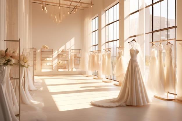 Luxury wedding dresses and elegance Trendy choices for brides Indoor showroom with fashionable gowns White collection Stylish bridal boutique
