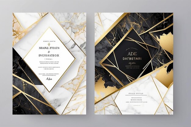 Luxury wedding invitation cards with gold marble texture and geometric pattern vector design template