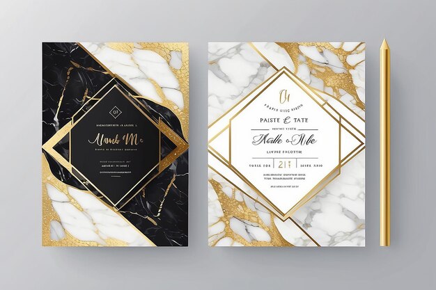 Luxury wedding invitation cards with gold marble texture and geometric pattern vector design template