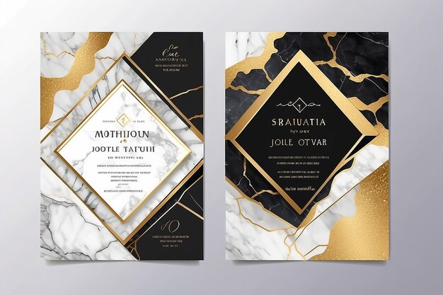 Luxury wedding invitation cards with gold marble texture and geometric pattern vector design template