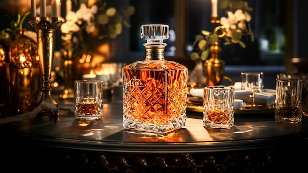 Luxury whiskey bar wood table glass bottle golden elegance