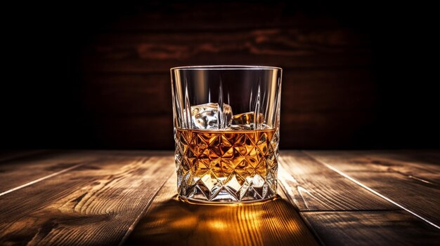 luxury whiskey in crystal glass on elegant wooden table