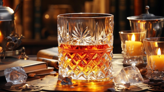 アンティーク テーブルの上の光沢のあるグラスに入った高級ウイスキー