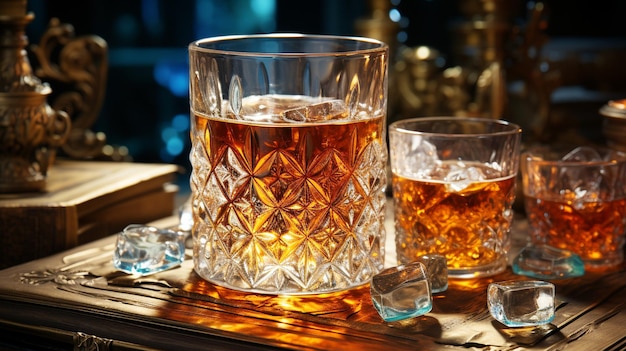 Luxury whiskey in a shiny glass on an antique table