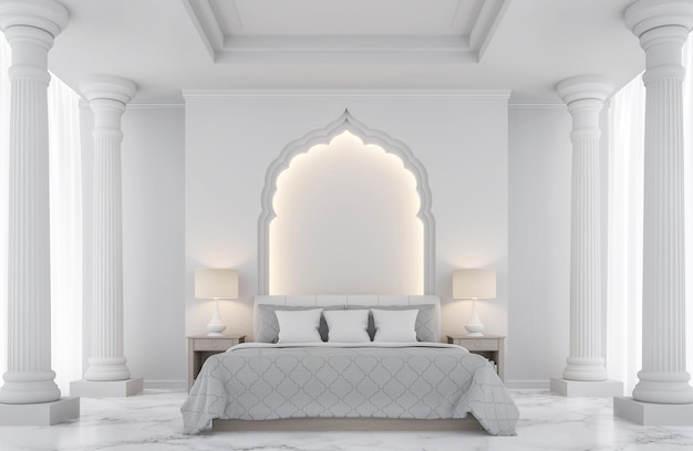 아치형 인도 스타일의 기둥 흰색 대리석 바닥으로 장식된 고급 흰색 침실 3D 렌더링