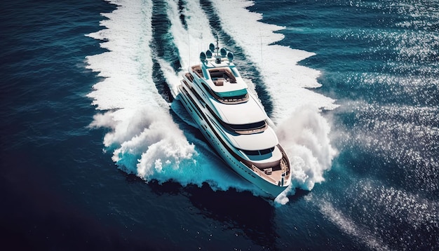 Luxury white boat yacht sails on blue water of ocean Top view Generative AI