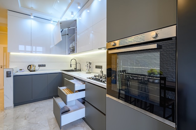 Luxury white and dark grey modern kitchen interior