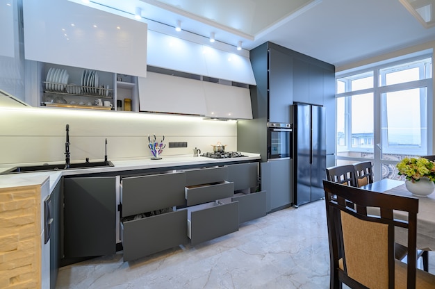 Luxury white and dark grey modern kitchen interior