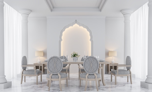 3D-рендеринг роскошной белой столовой, украшенной арками в индийском стиле, дорической колонной, белым мраморным полом и скрытым теплым светом.