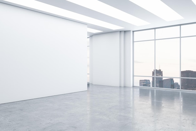 Luxury white gallery interior with mock up place window and panoramic city view 3D Rendering