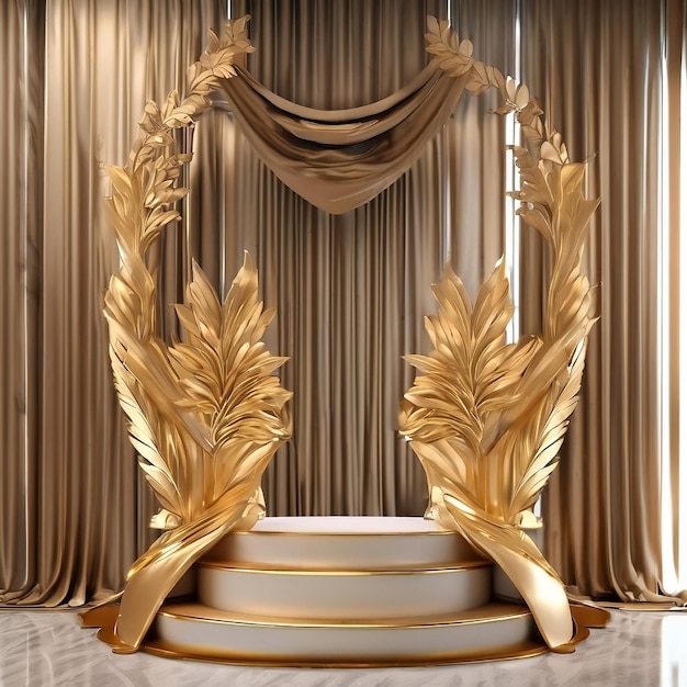 Luxury white and golden podium with golden fabric placed on top luxury pedestal