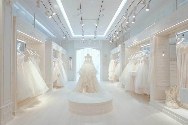 結婚式のドレスを備えた店の豪華な白いインテリア
