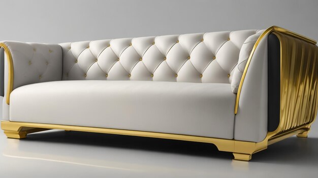 Photo luxury white leather threeseater sofa with gold frame 3d rendering