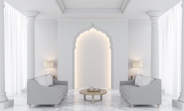 Photo luxury white living room 3d rendering image.there are decorated with arches indian style,doric column, white marble floor and hidden warm light