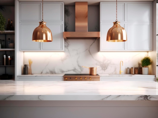 Роскошная белая мраморная столешница в современном интерьере кухни с бежевыми и коричневыми шкафами Generative AI