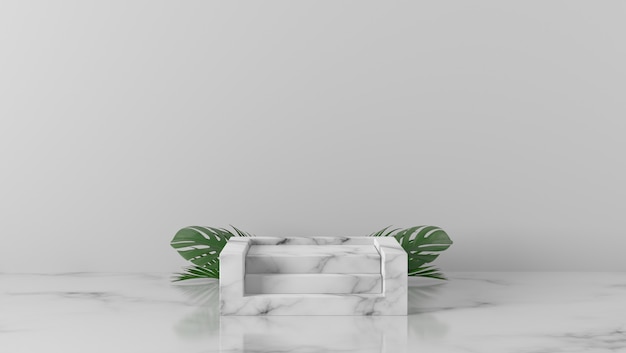 Роскошный белый мраморный подиум и пальмовые листья на белом фоне