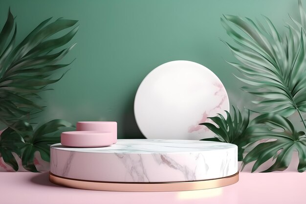 Luxury white marble podium and tropical leaves on pink background with copyspace