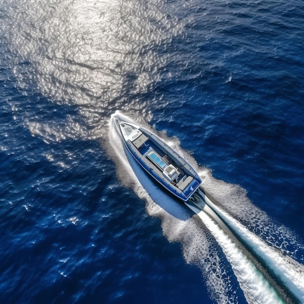 Luxury white mega yacht fast movement on dark water in the ocean top view