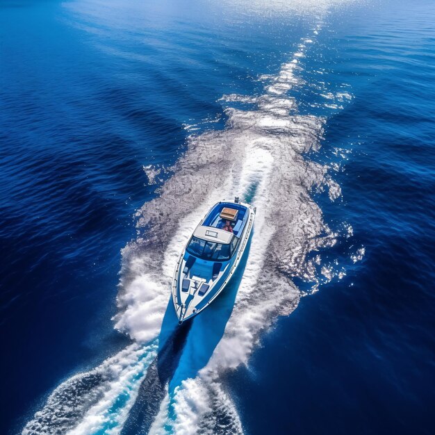 Luxury white mega yacht fast movement on dark water in the ocean top view