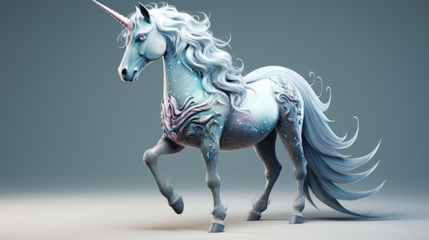 A luxury white unicorn horse isolated on gray background AI generated image