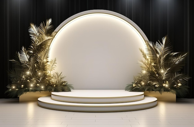 豪華な植物 3D を備えた前面の広い丸い白いステージ