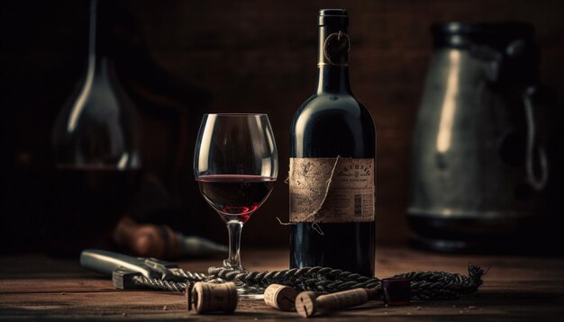 Luxury wine bottle on rustic wood table scene generated by AI