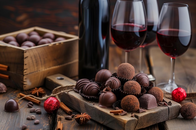 Foto lussuosa degustazione di vino e cioccolato