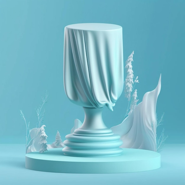 Luxury Winter Mock up Display Podium with Flying Silk Cloth Curtain and Pastel Blue Background for Nature Beauty Cosmetic Product Presentation on Pedestal in Frosty Cold Wind Generative AI