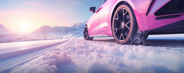 Luxury winter sports car tires near snowy road high in mountains panorama generatve ai