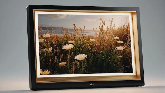 Foto una cornice fotografica digitale in legno di lusso con un bellissimo fiore all'interno sullo sfondo bianco generativo ai