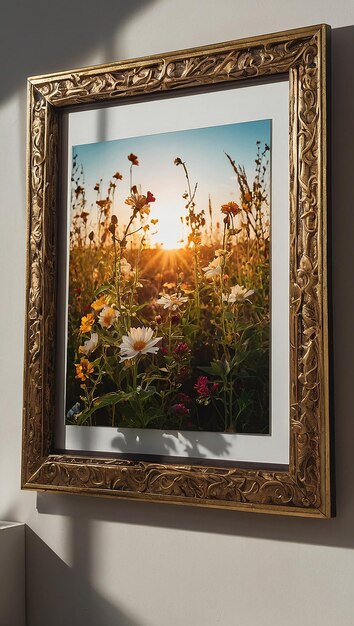 A luxury wood Digital Photo Frame with beautiful flower inside white background generative Ai