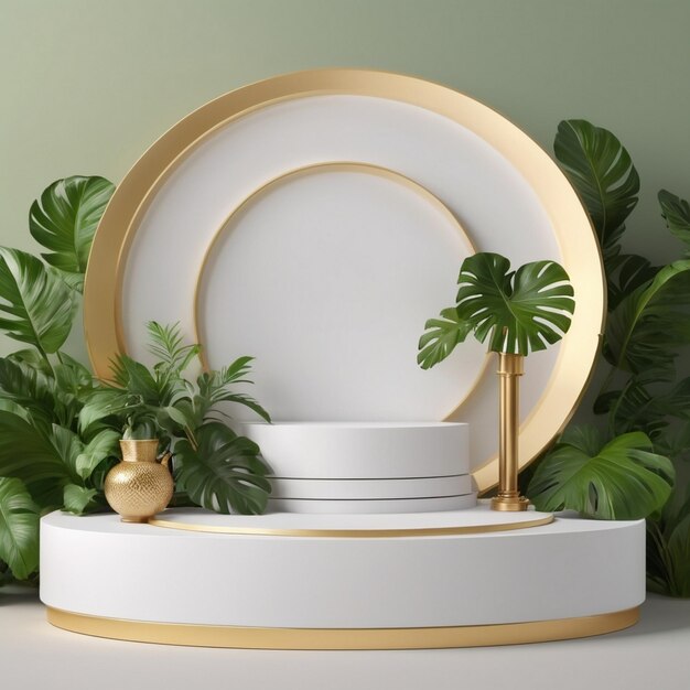 Luxury wood podium for product mockup with plant background