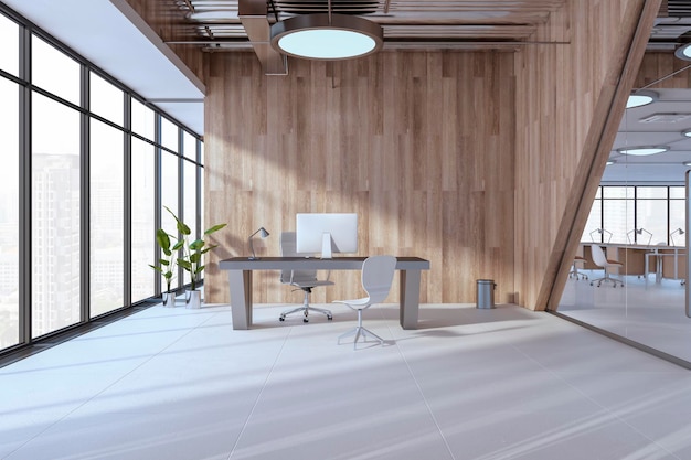 Luxury wooden and concrete office interior with furniture wooden flooring and mock up windows with city view and sunlight 3D Rendering