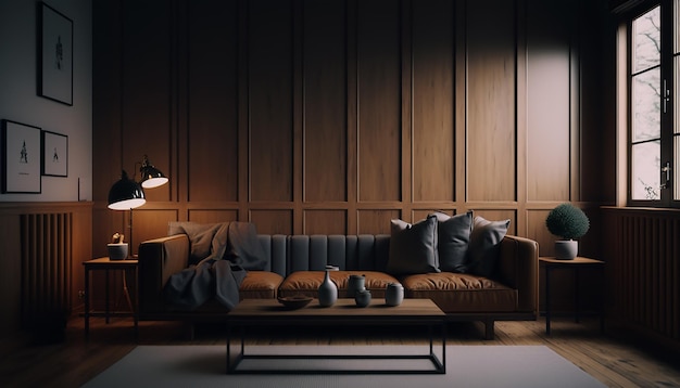 Luxury wooden living room interior concept with leather couch Generative AI