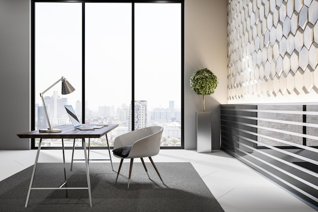 Photo luxury workplace interior with window and city view desktop concrete hexagonal walls and decorative items 3d rendering