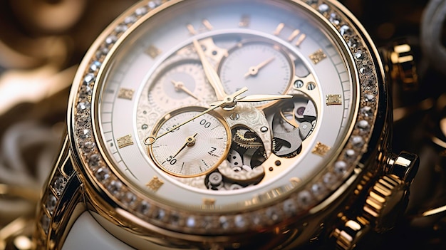 Luxury wristwatch on golden bracelet closeup on dark background