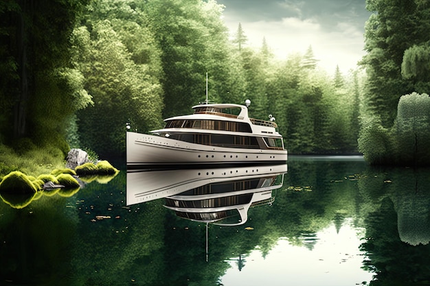 Роскошная яхта на якоре в безмятежном озере в окружении пышной зелени