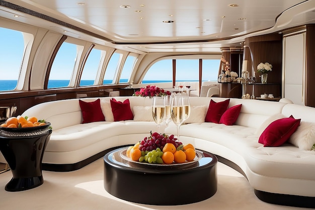 Foto interni di cabina di yacht di lusso con frutta e champagne