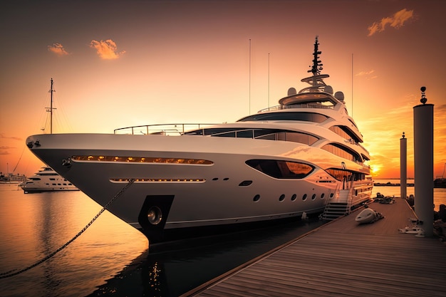 Luxury yacht at dock with sunset in the background