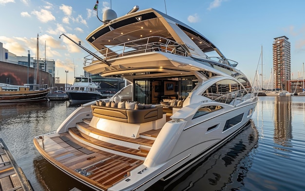 Luxury yacht docked at the pier during beautiful sunset